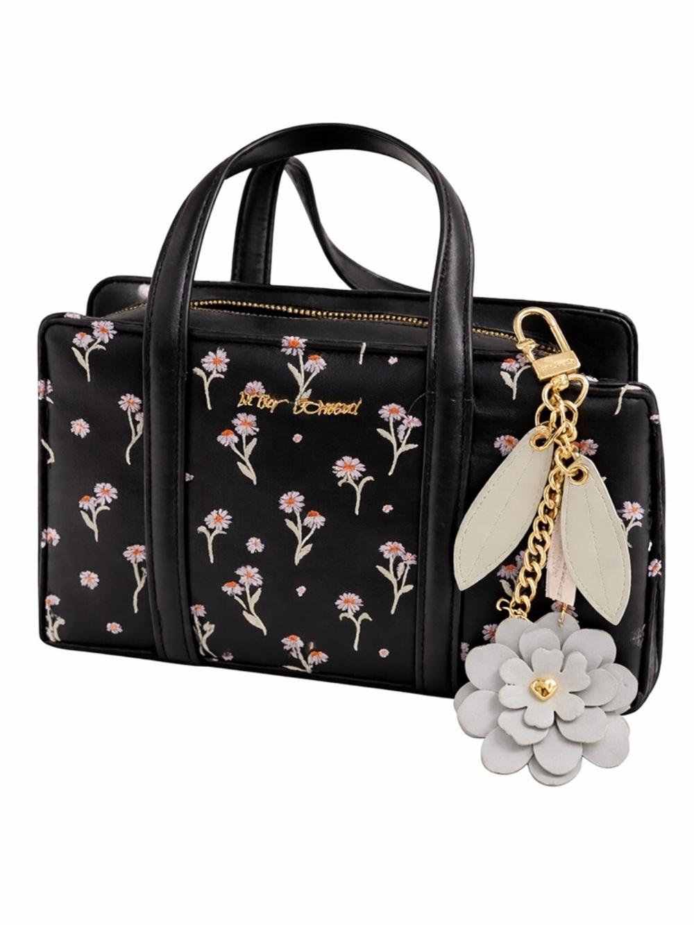 Betsey Johnson Black Floral Satchel with White Flower Charm. NWT